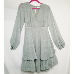 Japna Light Green Floral Tiered Career Casual Dress SZ L Long Sleeve Boho V-Neck